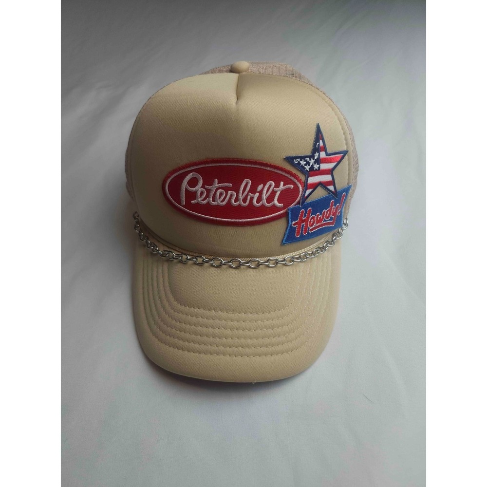 Peterbilt Custom Trucker Hat Beige Mesh Back Snapback Cap Chain Nissun Cap USA
